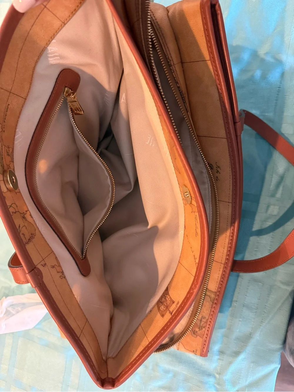 Alviero Martini Vintage Map Print Leather Laptop Tote in Tan